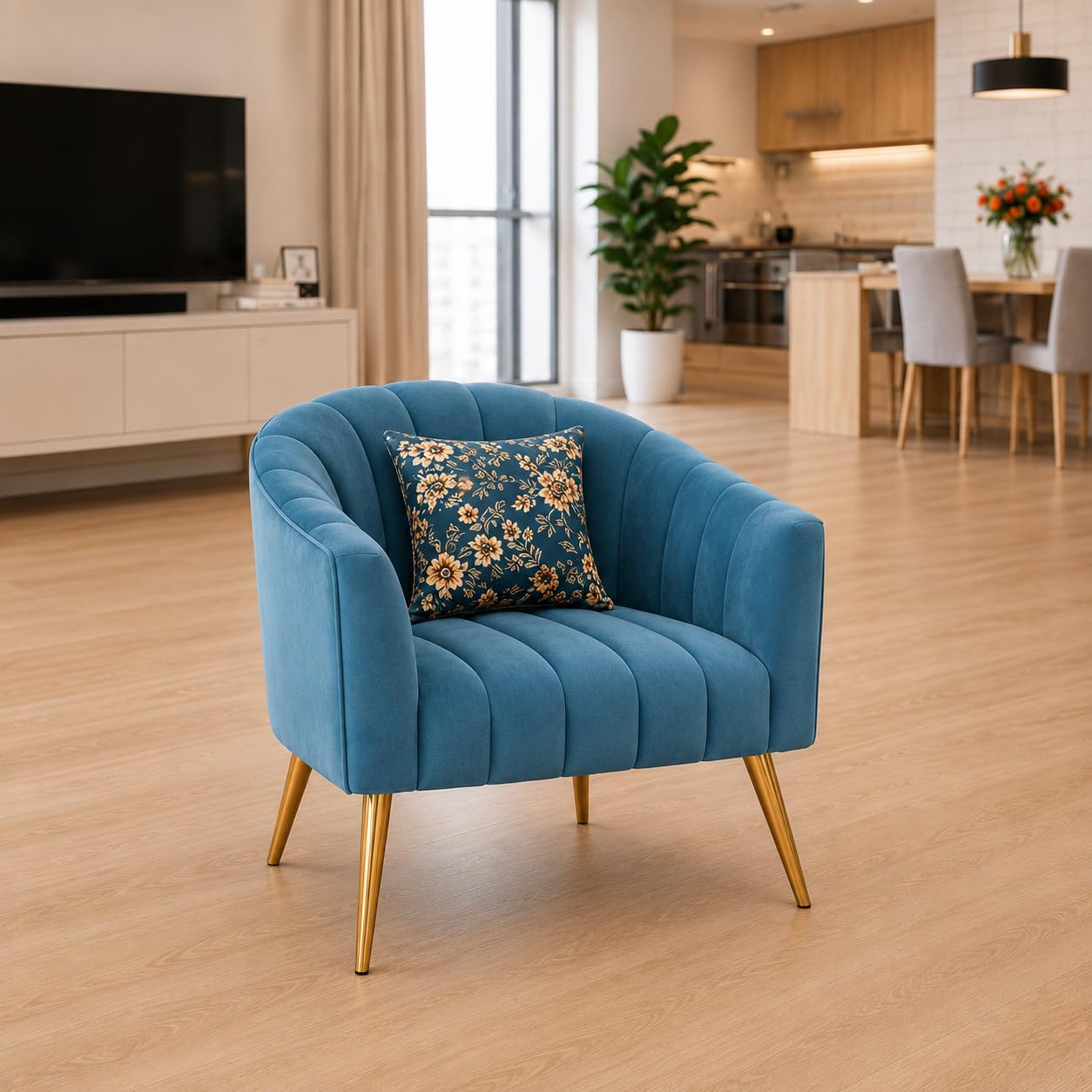 Ocean Blue Velvet Tufted Accent Chair